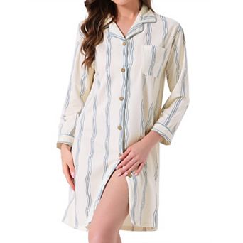 Women's Nightgown Striped Button Down Long Sleeve Pajama Dress V-Neck Nortch Collar with Pocket