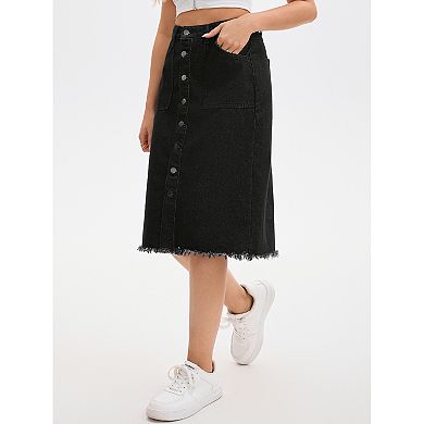 Women's Denim Skirt Button Down Summer Casual H-Line Knee Length Jean Skirts