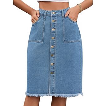Women's Denim Skirt Button Down Summer Casual H-Line Knee Length Jean Skirts
