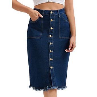 Women's Denim Skirt Button Down Summer Casual H-Line Knee Length Jean Skirts