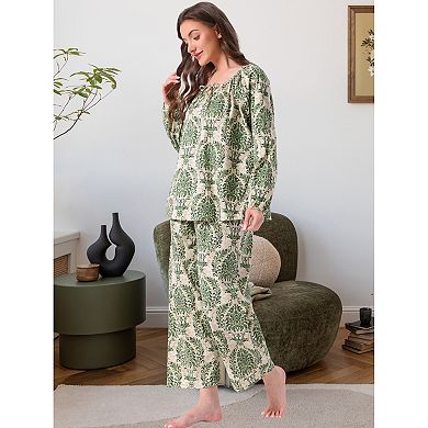 Women's Pajamas Set Long Sleeve Floral Pullover Tie Front Wide Leg Soft 2 Piece Loungewear