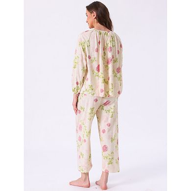 Women's Pajamas Set Long Sleeve Floral Pullover Tie Front Wide Leg Soft 2 Piece Loungewear