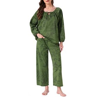 Women's Pajamas Set Long Sleeve Floral Pullover Tie Front Wide Leg Soft 2 pc Loungewear