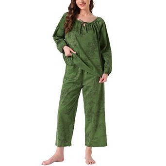 Women's Pajamas Set Long Sleeve Floral Pullover Tie Front Wide Leg Soft 2 pc Loungewear