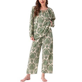 Women's Pajamas Set Long Sleeve Floral Pullover Tie Front Wide Leg Soft 2 pc Loungewear