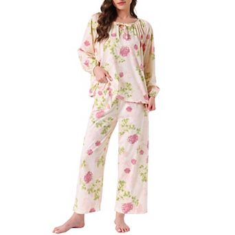 Women's Pajamas Set Long Sleeve Floral Pullover Tie Front Wide Leg Soft 2 pc Loungewear