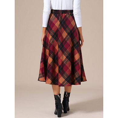 Women's Vintage Plaid High Waist A-Line Long Maxi Skirt with Pockets