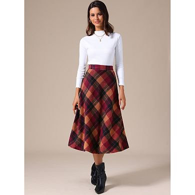 Women's Vintage Plaid High Waist A-Line Long Maxi Skirt with Pockets