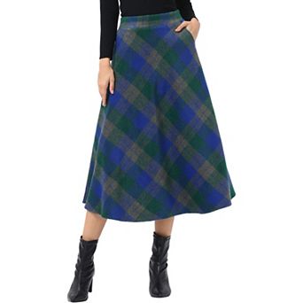 Women's Vintage Plaid High Waist A-Line Long Maxi Skirt with Pockets