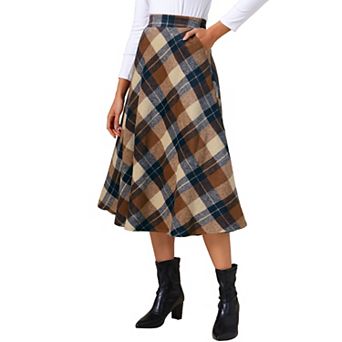 Women's Vintage Plaid High Waist A-Line Long Maxi Skirt with Pockets