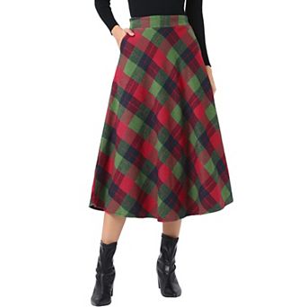 Women's Vintage Plaid High Waist A-Line Long Maxi Skirt with Pockets