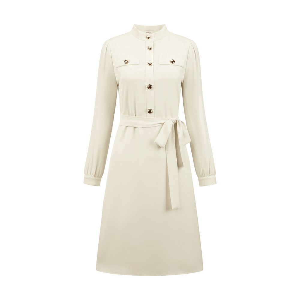 Long Sleeve Tunic Dress High Waist Lapel Short Dress Button Down Pleated Dress