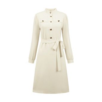 Women's Button Up A-Line Dress Puffy Long Sleeve Tie Waist Business Casual Knee Length Dresses