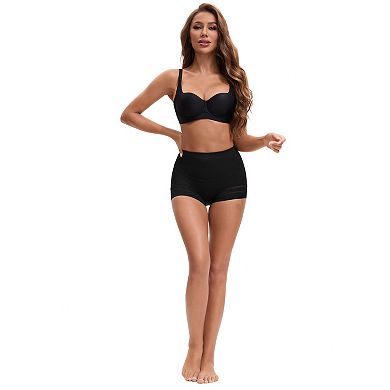 Women's High Waisted Invisible Tummy Control Boyshorts Shapewear Stripe Mesh Underwear Panties