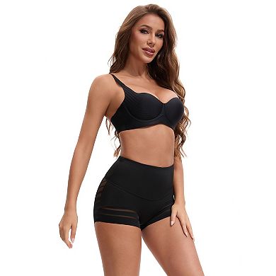 Women's High Waisted Invisible Tummy Control Boyshorts Shapewear Stripe Mesh Underwear Panties