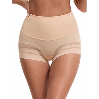 Women's High Waisted Invisible Tummy Control Boyshorts Shapewear Stripe Mesh Underwear Panties