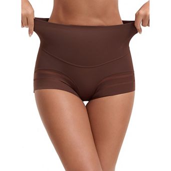 Women's High Waisted Invisible Tummy Control Boyshorts Shapewear Stripe Mesh Underwear Panties