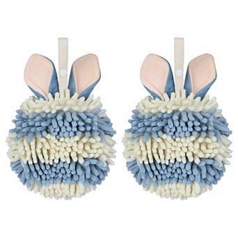 2 pc Fluffy Chenille Ball Hand Towels with Hanging Loops, Quick Drying Soft Absorbent Towel 7"x7"
