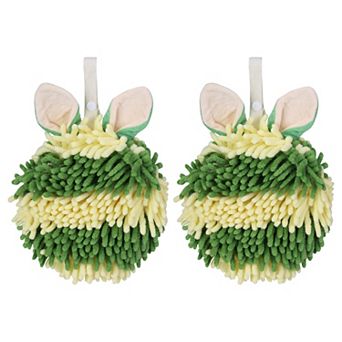 2 pc Fluffy Chenille Ball Hand Towels with Hanging Loops, Quick Drying Soft Absorbent Towel 7"x7"