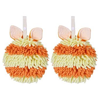 2 pc Fluffy Chenille Ball Hand Towels with Hanging Loops, Quick Drying Soft Absorbent Towel 7"x7"