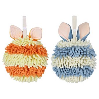 2 pc Fluffy Chenille Ball Hand Towels with Hanging Loops, Quick Drying Soft Absorbent Towel 7"x7"