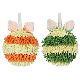 2 pc Fluffy Chenille Ball Hand Towels with Hanging Loops, Quick Drying Soft Absorbent Towel 7"x7"