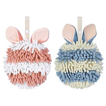 2 pc Fluffy Chenille Ball Hand Towels with Hanging Loops, Quick Drying Soft Absorbent Towel 7"x7"