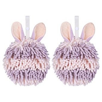 2 pc Fluffy Chenille Ball Hand Towels with Hanging Loops, Quick Drying Soft Absorbent Towel 7"x7"