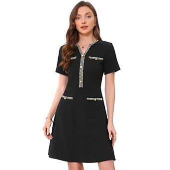 Work Dress for Women's V Neck Short Sleeves Tweed Trim Dressy Office A-Line Dresses