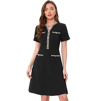 Work Dress for Women's V Neck Short Sleeves Tweed Trim Dressy Office A-Line Dresses