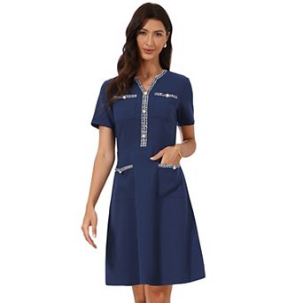 Work Dress for Women's V Neck Short Sleeves Tweed Trim Dressy Office A-Line Dresses