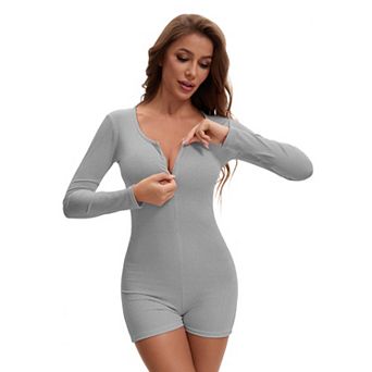 Women's Long Sleeves Shapewear Tummy Control Front Zipper Ribbed Boyshorts Leotard Jumpsuit