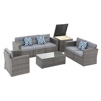 8 pc Outdoor Patio Furniture Set, Wicker Patio Conversation Sets with Storage Box