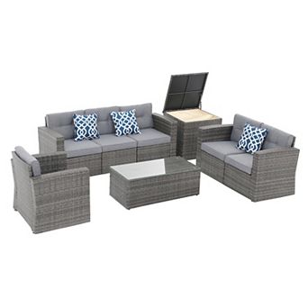 8 pc Outdoor Patio Furniture Set, Wicker Patio Conversation Sets with Storage Box
