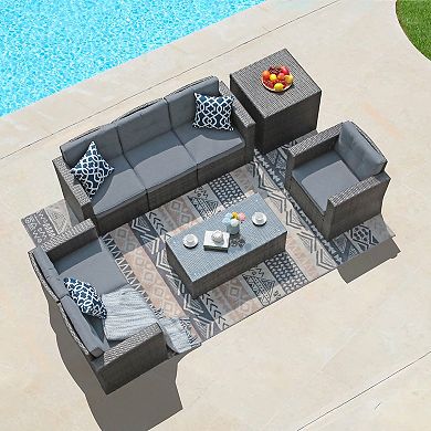 8 Pieces Outdoor Patio Furniture Set, Wicker Patio Conversation Sets with Storage Box