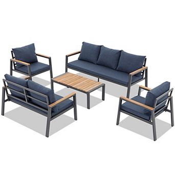 Aluminum Outdoor Furniture Set, 5 pc Patio Furniture Conversation Set with Teak Top Coffee Table