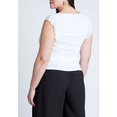 ELOQUII Women's Plus Size Shirred Mesh Top With Shoulder Flounces