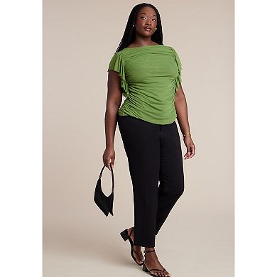 ELOQUII Women's Plus Size Shirred Mesh Top With Shoulder Flounces