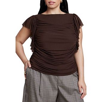 ELOQUII Women's Plus Size Shirred Mesh Top With Shoulder Flounces