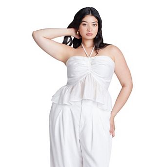 ELOQUII Women's Plus Size Shirred Halter Peplum Top