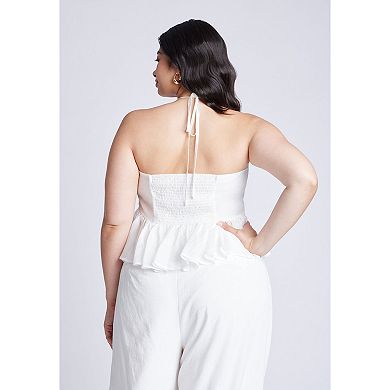 ELOQUII Women's Plus Size Shirred Halter Peplum Top