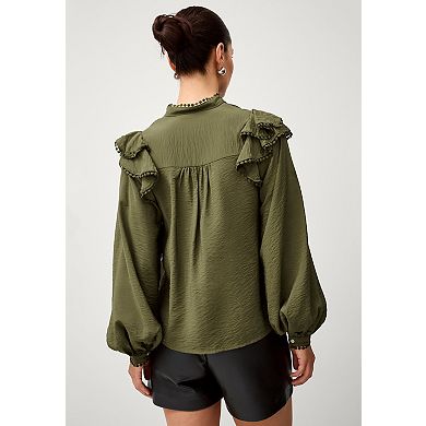 ellos Plus Size Ruffle Shoulder Blouse With Flat Pom Pom Trim