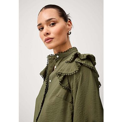 ellos Plus Size Ruffle Shoulder Blouse With Flat Pom Pom Trim