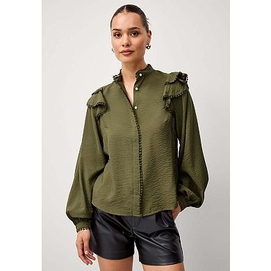 ellos Plus Size Ruffle Shoulder Blouse With Flat Pom Pom Trim