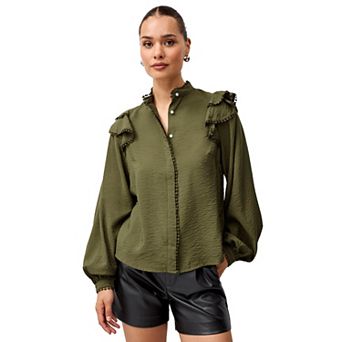 ellos Plus Size Ruffle Shoulder Blouse With Flat Pom Pom Trim