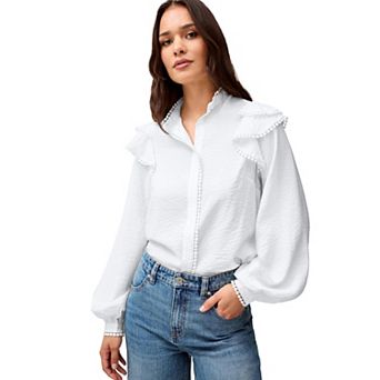 ellos Plus Size Ruffle Shoulder Blouse With Flat Pom Pom Trim
