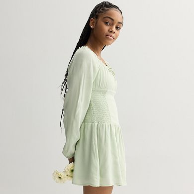 Girls 7-16 eyeshadow Smocked Waist Long Sleeve Dress