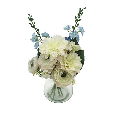 Everyday Decor Artificial Delphinium & Roses Table Decor in Glass Vase