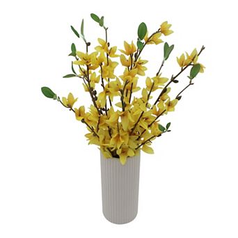 Everyday Decor Artificial Forsythia in Ceramic Ribbed Vase