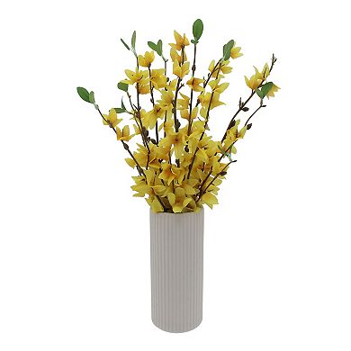 Everyday Decor Artificial Forsythia in Ceramic Ribbed Vase